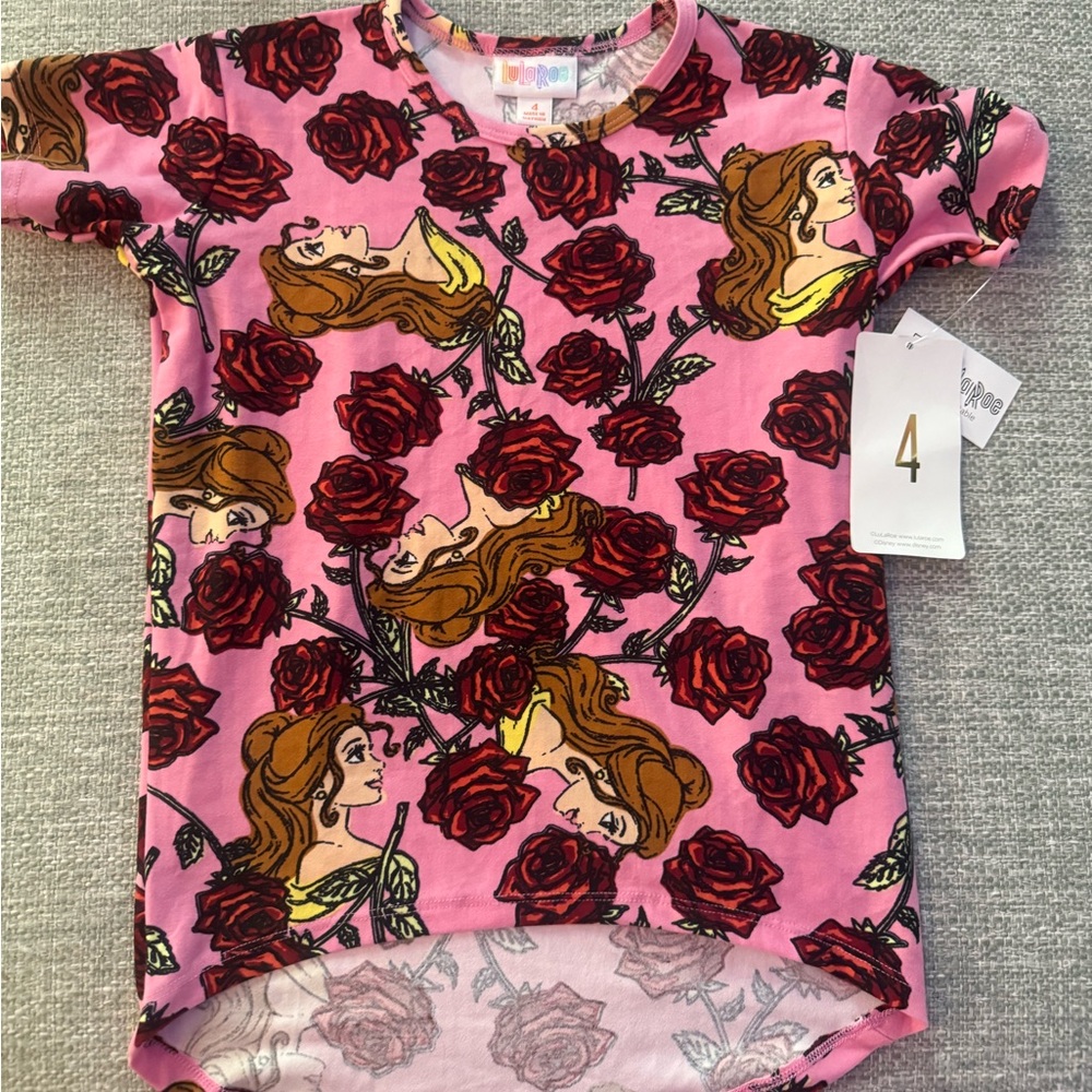 LuLaRoe Kids Shirt Pink with Red Rose and Character Print